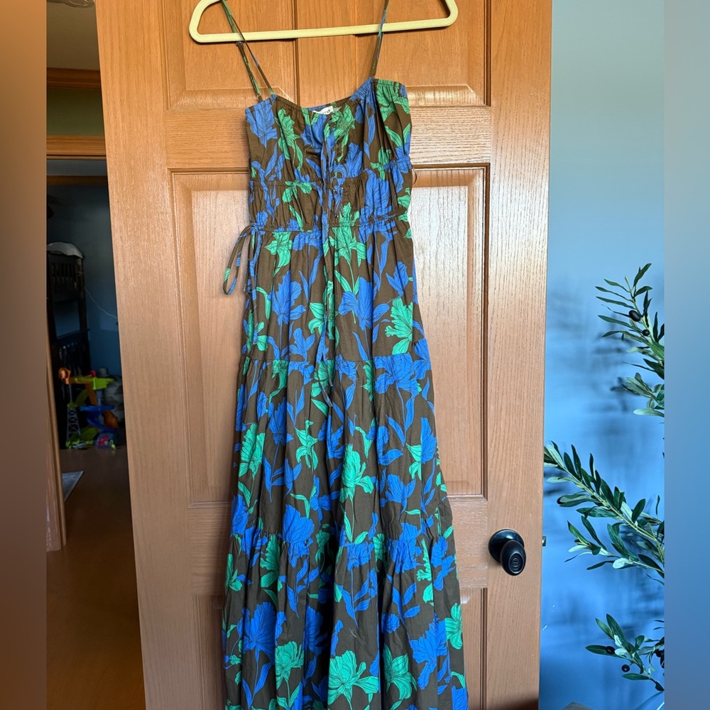 Moon River Floral Maxi Dress – Brown with Blue & Green Print, Size XS